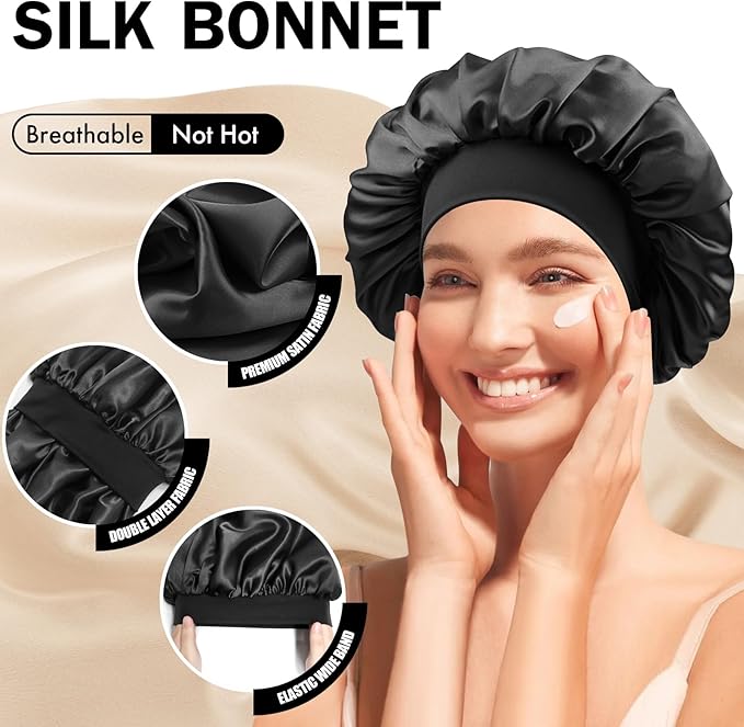 Luxury Double Layer Silk Satin Hair Bonnet – Anti-Frizz, Adjustable Night Sleep Cap for All Hair Types
